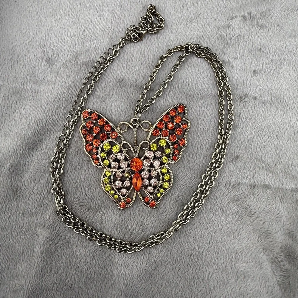 Estate Butterfly Necklace Gold Tone Rhinestone Orange Adjustable 32